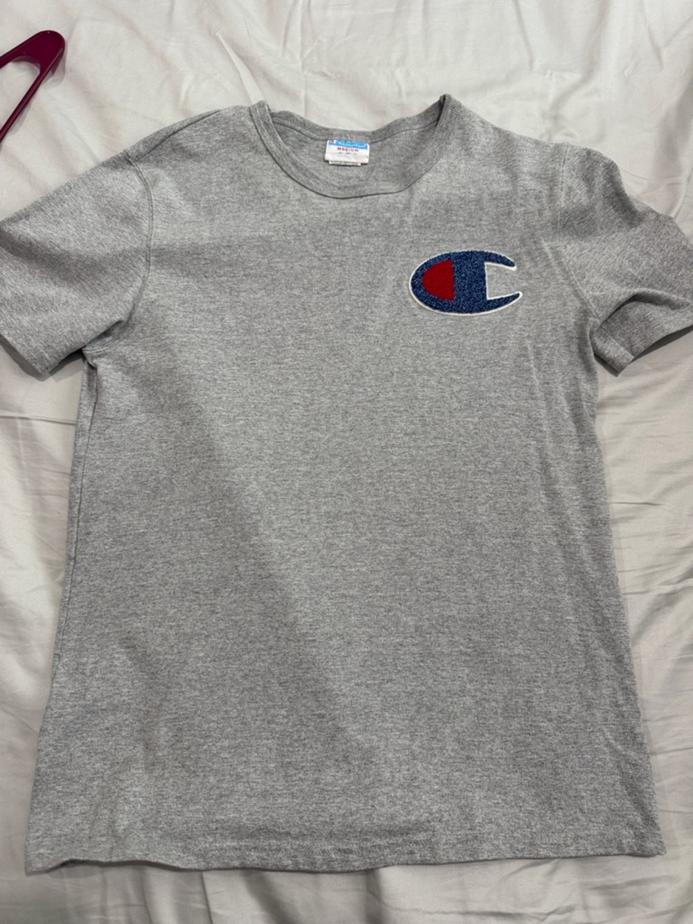 Champion Heather Gray Tee with Blue & Red C Patch